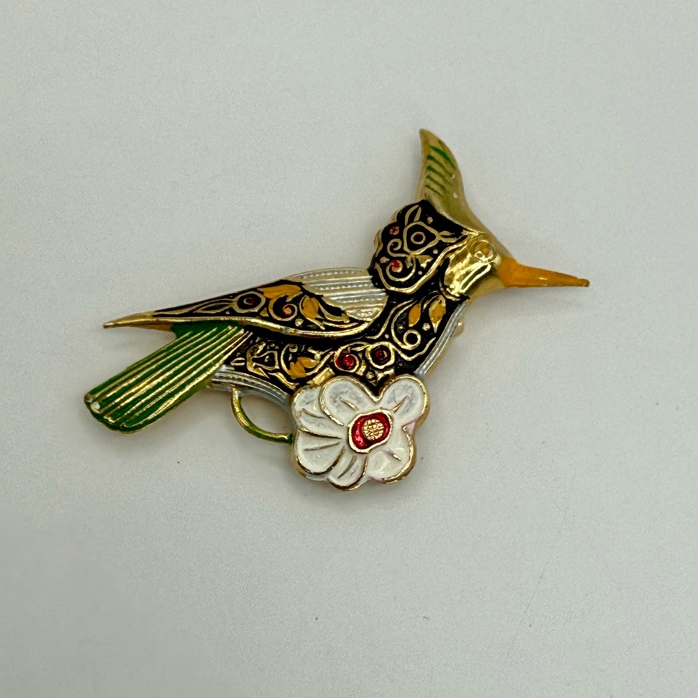 Vintage Painted Damscene Hummingbird Brooch Gold Tone Made In Spain 2.25” - Picture 4 of 15
